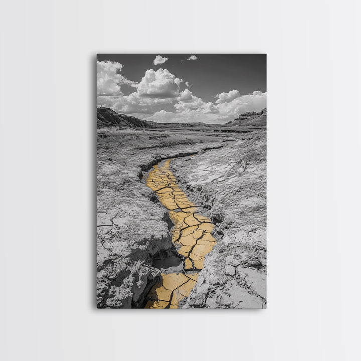Desert Riverbed, Yellow Crack Trail, Dry Earth Path, Framed Canvas Print, Southwestern Wall Art, Minimalist Nature Decor, Earth Tone Style