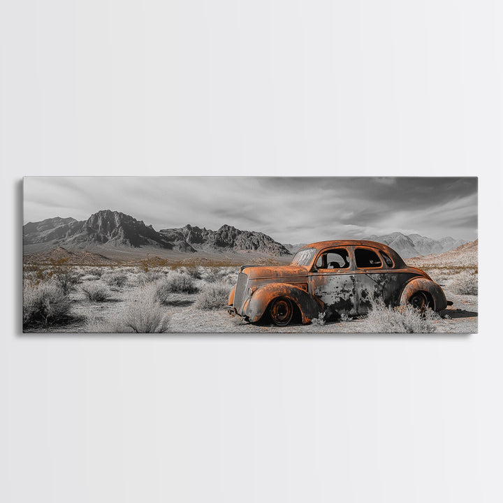 Desert Wreck, Abandoned Car, Moody Landscape, Rusty Vehicle — Framed Canvas Print, Industrial Wall Art, Garage Decor, Western Photography
