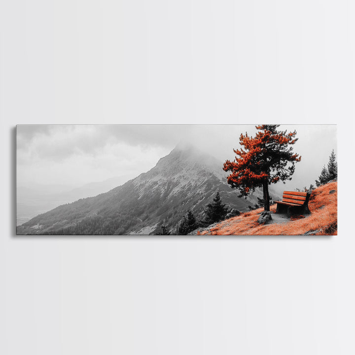 Scenic Bench, Autumn Hills, Serene Vista, Orange Tree — Framed Canvas Print, Minimalist Landscape Art, Fall Home Decor, Bedroom Wall Art