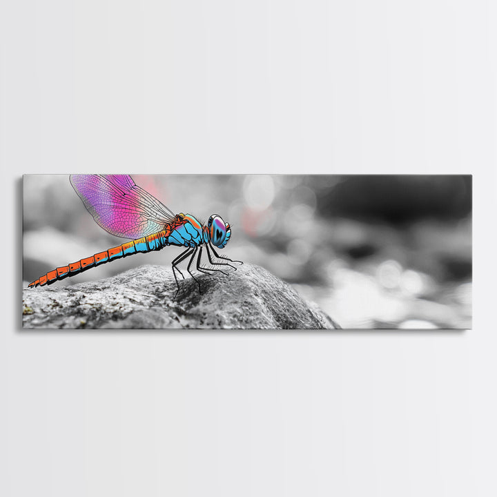 Neon Dragonfly, Nature Insect, Color Burst, Macro Beauty — Framed Canvas Print, Modern Boho Art, Bedroom Wall Art, Nature Photography