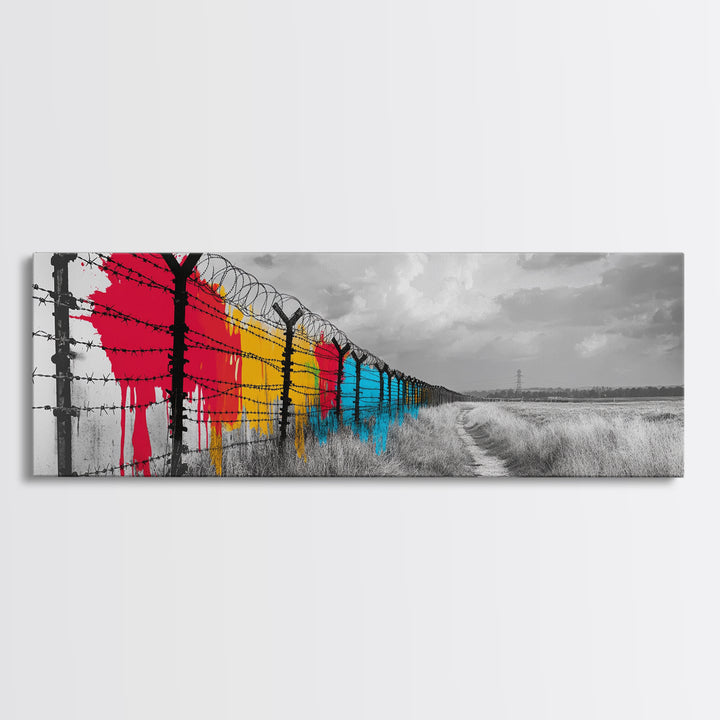 Barbed Wire, Graffiti Fence, Urban Street Art, Political Statement, Framed Canvas Print, Modern Wall Art, Office Decor, Activist Art