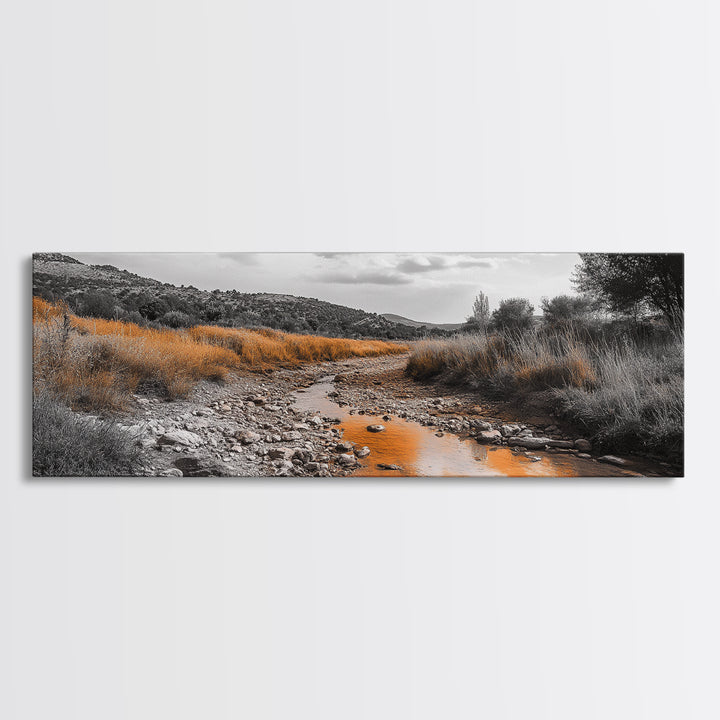 Autumn Stream, Golden Creek, Rustic Nature, Fall Landscape, Framed Canvas Print, Farmhouse Decor, Living Room Wall Art, Earth Tones