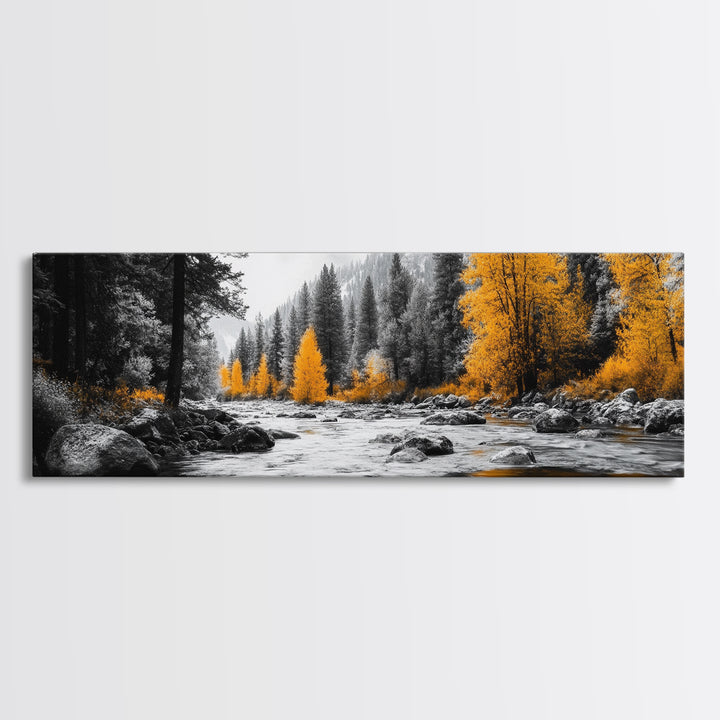 River Flow, Autumn Forest, Mountain Pines, Golden Trees, Canvas Print, Fall Decor, Nature Lover Gift, Rustic Wall Art, Boho Wall Art