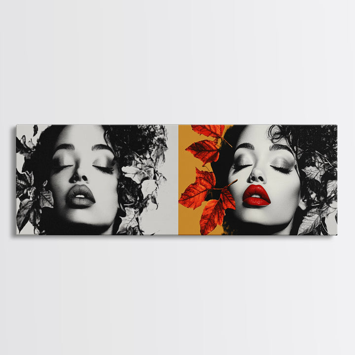 Autumn Leaves, Bold Lips Portrait, Fashion Face Art, Framed Canvas Print, Fall Wall Decor, Modern Bedroom Art, Boho Glam Aesthetic