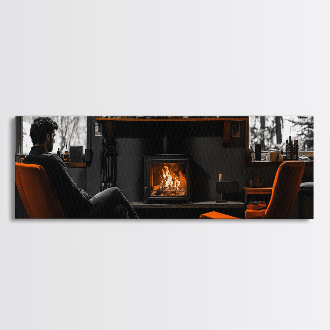 Fireplace Moment, Cozy Cabin Mood, Fall Comfort Scene, Framed Canvas Print, Hygge Wall Art, Masculine Decor, Warm Living Room Style