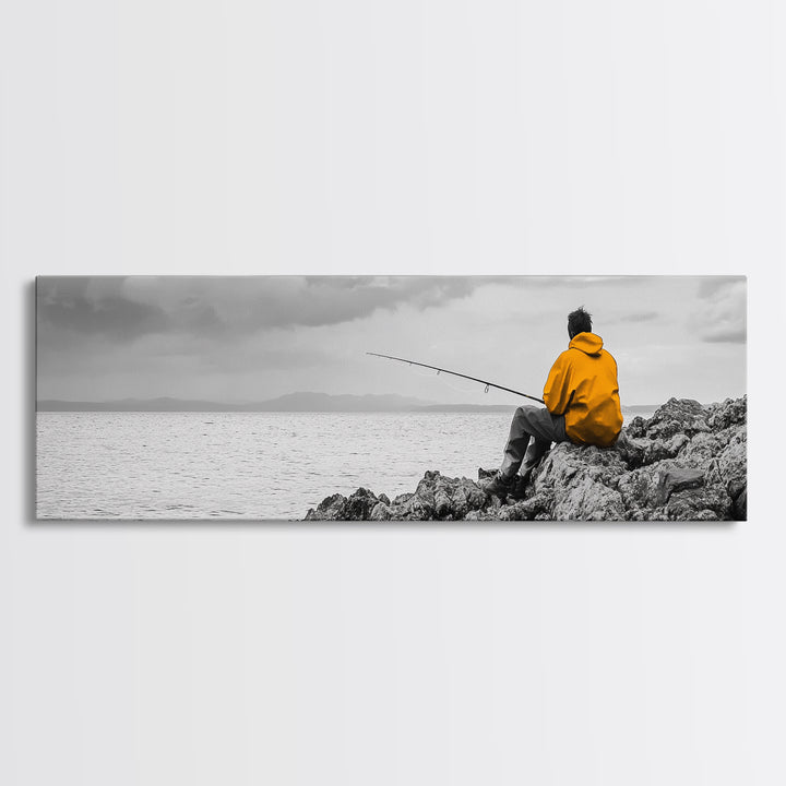 Peaceful Angler View, Yellow Hoodie Fisherman, Canvas Print, Minimalist Seaside Wall Art, Coastal Living Room Art, Fishing Lover Gift