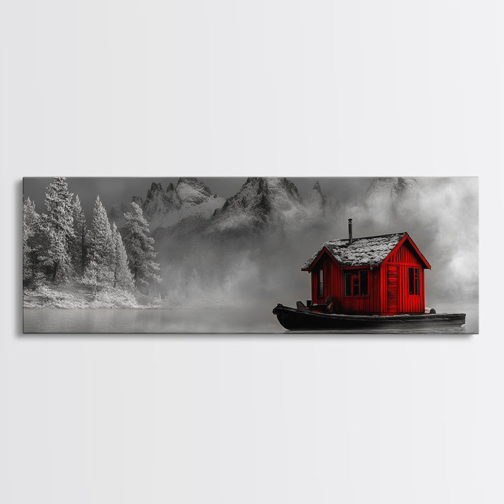 Red Cabin in Fog, Mountain Lake Boat House, Canvas Print, Winter Lodge Wall Art, Moody Nature Decor, Black and White Landscape Art