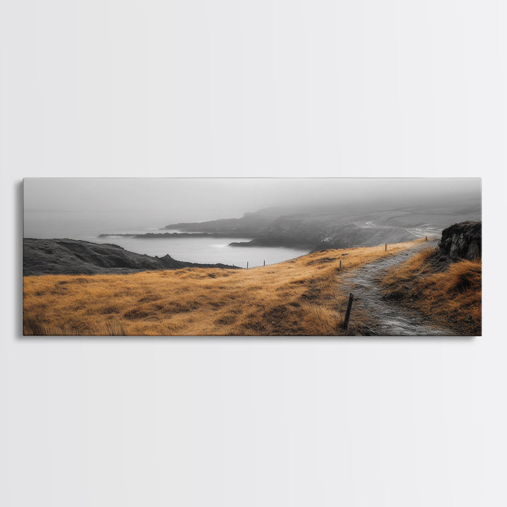 Coastal Cliff Path, Golden Grasses by Sea, Canvas Print, Autumn Hiking Scene, Misty Nature Wall Art, Hallway Landscape Photography
