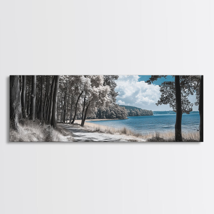 Coastal Forest Path, Lakeside Nature Trail, Tranquil Blue Water, Canvas Print, Minimalist Landscape, Bedroom Wall Art
