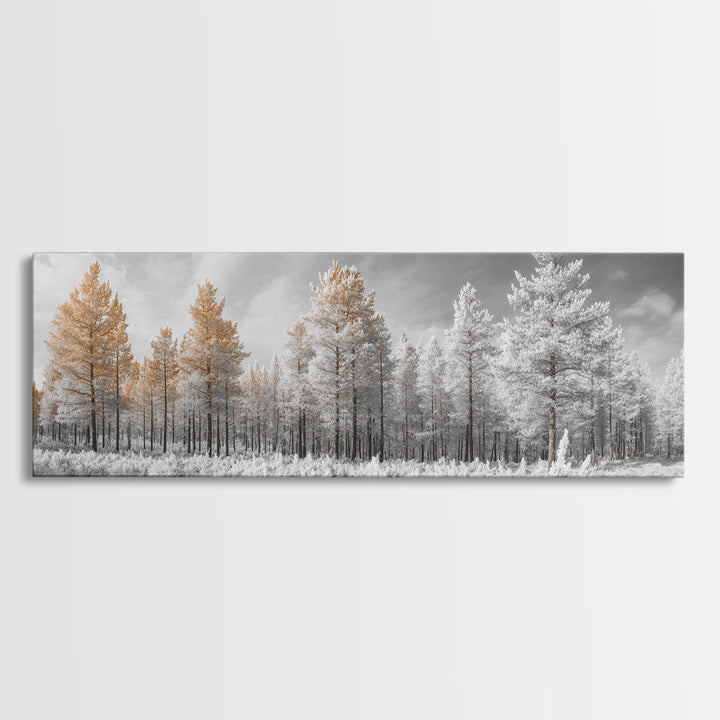 Snowy Forest Landscape, Frosted Pine Trees, Winter Wonderland Scene, Framed Canvas Print, Nordic Minimalist, Holiday Wall Art