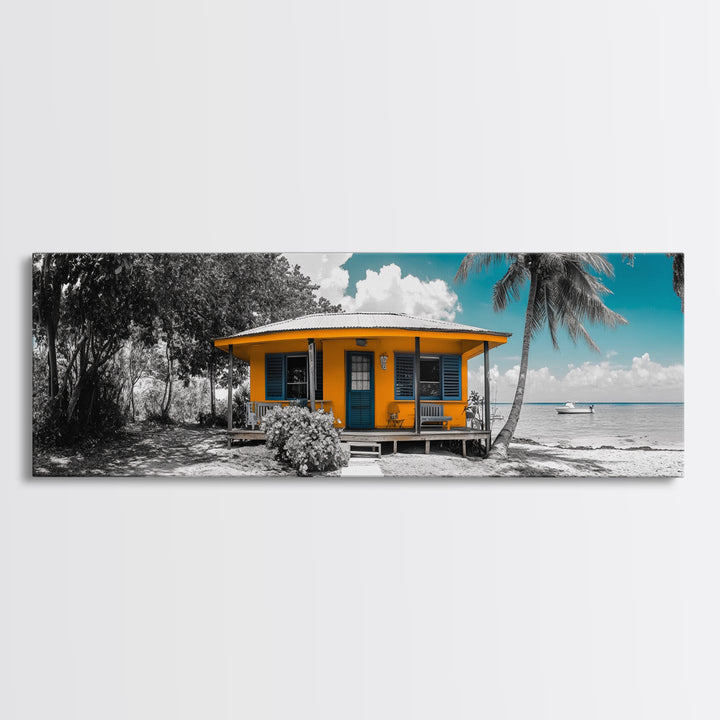 Beach House, Tropical Paradise, Yellow Cabin, Oceanfront View, Framed Canvas Print, Living Room Wall Art, Coastal Home Aesthetic