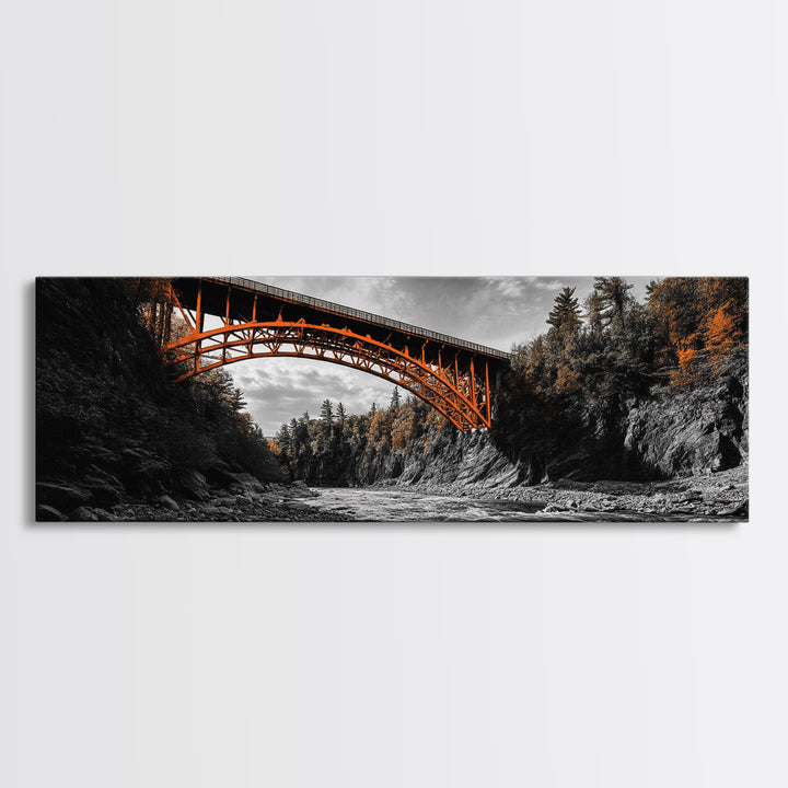Autumn River Bridge, Orange Iron Arch, Canyon Flow Scene, Framed Canvas Print, Rustic Fall Decor, Entryway Wall Art, Living Room Decor
