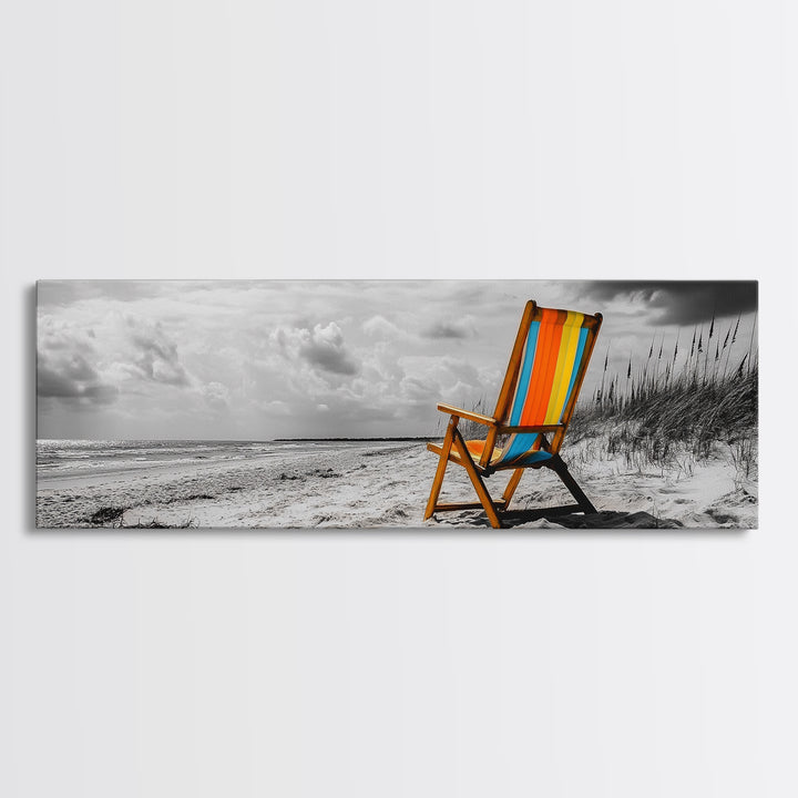 Beach Chair, Coastal Solitude, Striped Fabric, Seaside Calm, Framed Canvas Print, Minimalist Wall Art, Beach House Decor