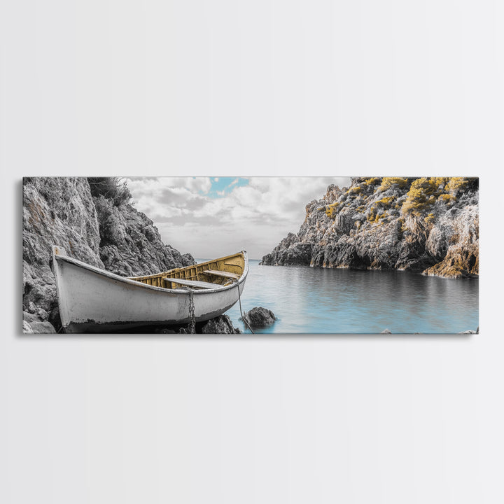 Abandoned Rowboat, Rustic Shore, Autumn Cove, Island Serenity, Framed Canvas Print, Lakehouse Decor, Coastal Wall Art, Nature Print