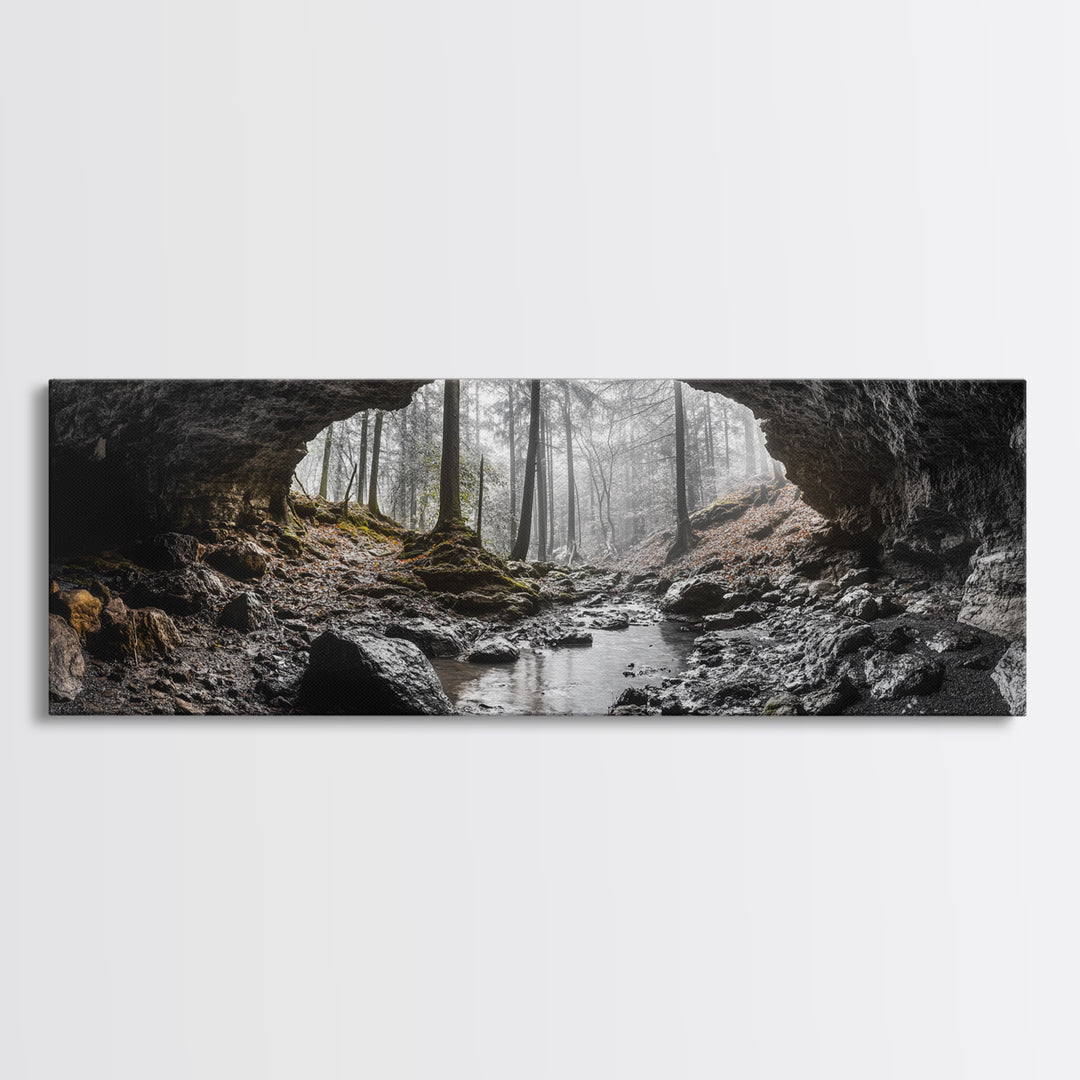 Forest Cave, Woodland Stream, Natural Light, Hidden Path, Framed Canvas Print, Cabin Wall Art, Rustic Decor, Adventure Photography