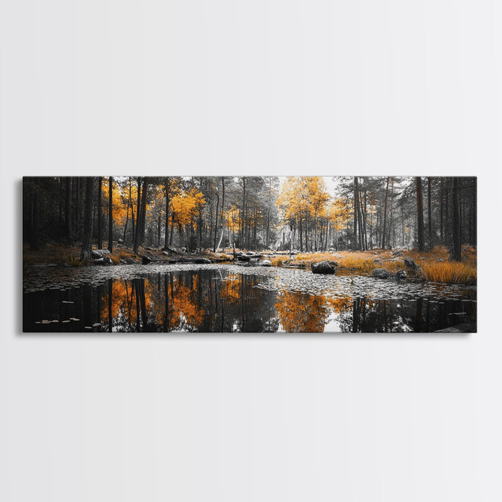 Autumn Forest, Golden Trees, Tranquil Reflection, Nature Pond, Framed Canvas Print, Fall Wall Art, Living Room Decor, Cozy Vibes