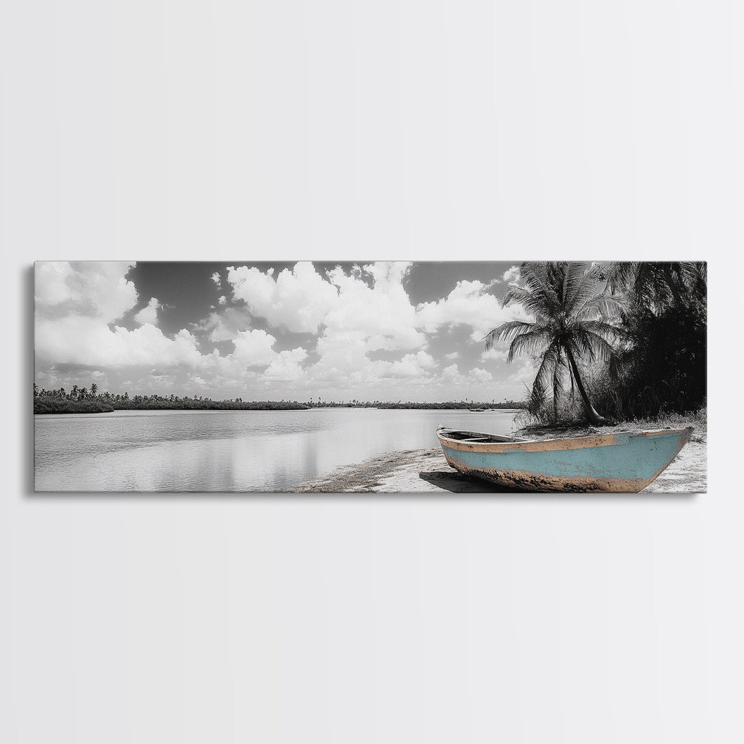 Tropical Boat, Deserted Beach, Palms and Clouds, Ocean Peace, Framed Canvas Print, Boho Wall Art, Bedroom Decor, Seaside Minimalism