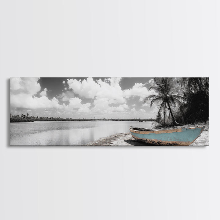 Tropical Boat, Deserted Beach, Palms and Clouds, Ocean Peace, Framed Canvas Print, Boho Wall Art, Bedroom Decor, Seaside Minimalism