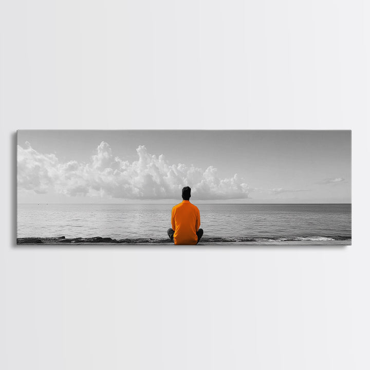 Orange Jacket, Solitude Man, Sea Gaze, Minimal Mood, Framed Canvas Print, Office Wall Art, Modern Decor, Reflective Photography