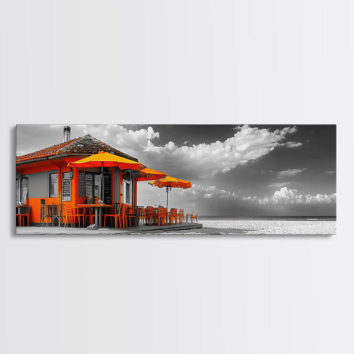 Beach Cafe, Orange Umbrellas, Seaside Dining, Sunny Vibes, Framed Canvas Print, Kitchen Wall Art, Summer Coastal Style