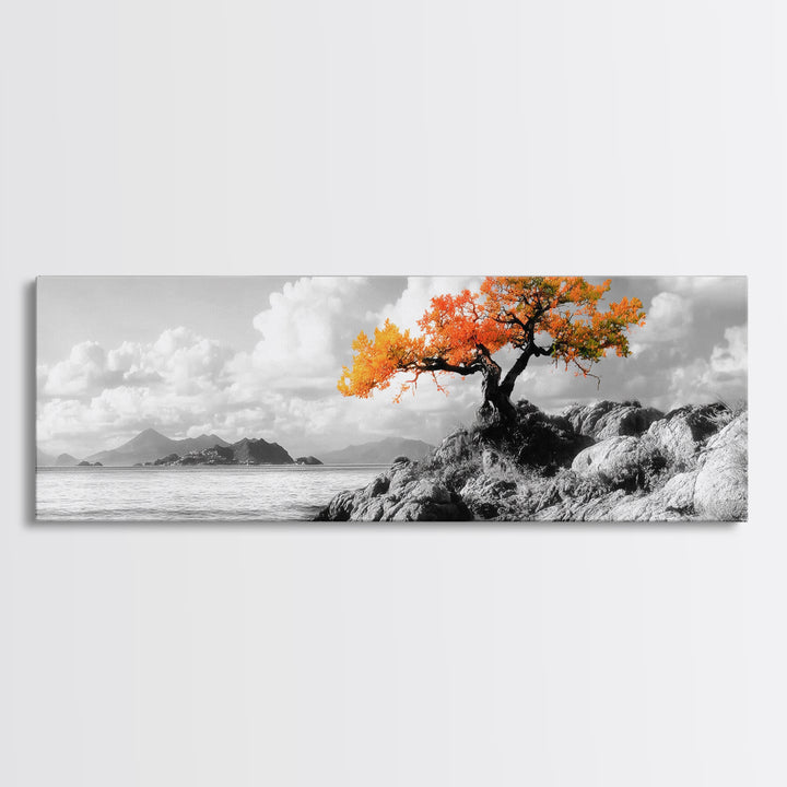 Autumn Tree, Coastal Cliff, Ocean Horizon, Framed Canvas Print, Autumn decor, rustic wall art, minimalist nature, neutral tones