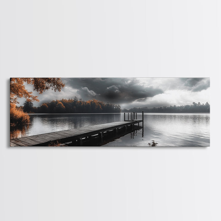 Autumn Lake, Stormy Sky, Wooden Dock, Canvas Print, fall landscape wall art, cozy home decor, cabin style print, orange forest reflections
