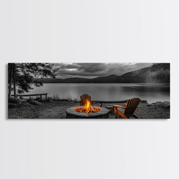 Campfire Chairs Lakeside, Cozy Autumn Vibes, Mountain Cabin View, Framed Canvas Print, Rustic Fall Wall Art, Living Room Fireplace Decor
