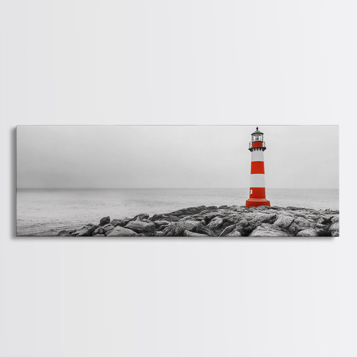 Rocky Shore, Coastal Guide, Red Lighthouse, Ocean Cliff Scene, Framed Canvas Print, Nautical Wall Decor, Bathroom Wall Art, Minimalist Art