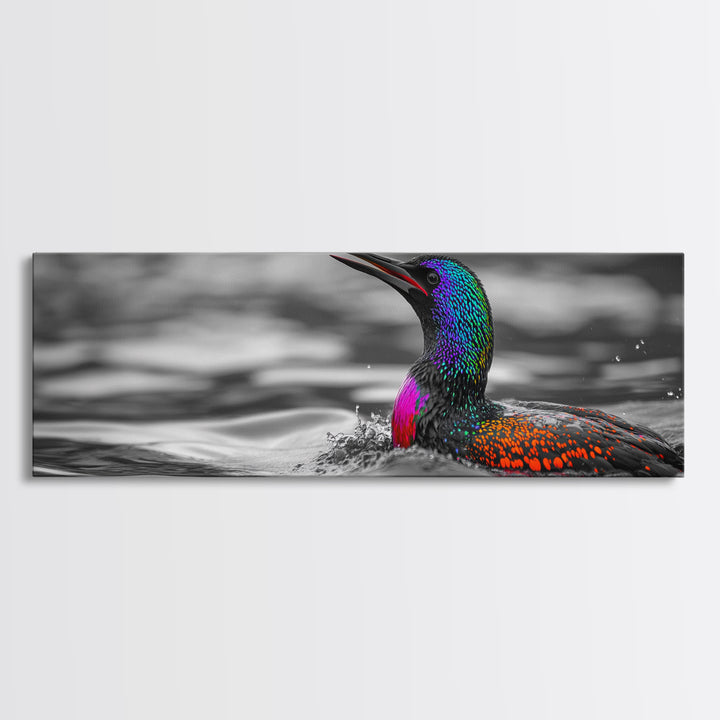 Colorful Loon, Rainbow Feathers, Water Splash, Unique Wildlife, Framed Canvas Print, Bathroom Wall Art, Eclectic Style, Birdwatcher Gift