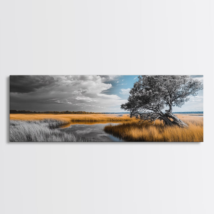 Autumn Marsh, Windswept Tree, Golden Grass, Storm Sky, Framed Canvas Print, Fall Wall Art, Living Room Decor, Rustic Landscape
