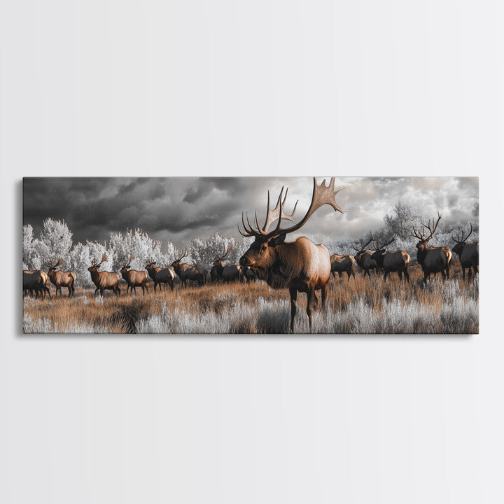 Elk Herd, Majestic Wildlife, Autumn Landscape, Framed Canvas Print, lodge decor, rustic mountain wall art, moody nature canvas