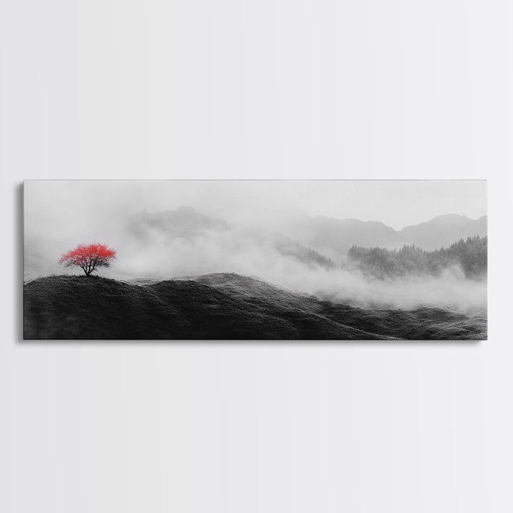 Lone Red Tree, Misty Hills, Minimalist Landscape, Framed Canvas Print, serene bedroom wall art, abstract black and white decor