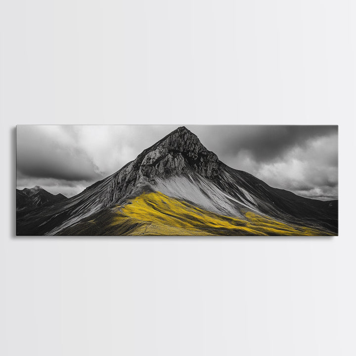 Black Mountain Peak, Moody Sky, Bold Yellow Hillside, Framed Canvas Print, Nature Art, Bedroom Wall Decor, Modern Landscape Print