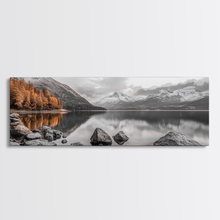 Autumn Lake Reflection, Serene Mountains, Warm Tones, Framed Canvas Print, Fall Home Decor, Rustic Landscape, Cabin Wall Art