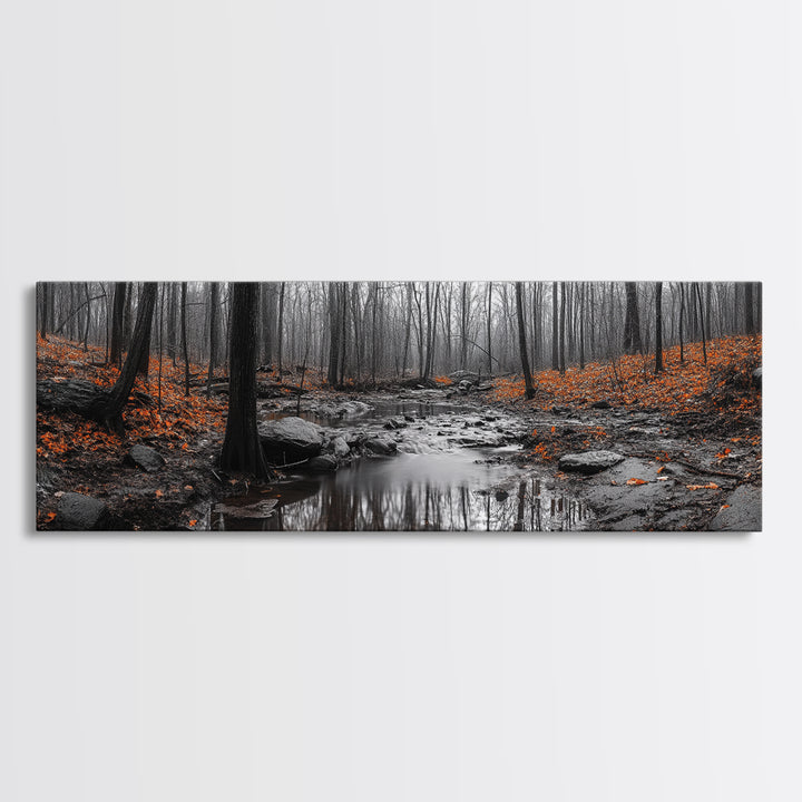 Autumn Forest Stream, Bare Trees, Orange Leaves, Framed Canvas Print, Fall Wall Art, Cozy Nature Scene, Entryway Decor