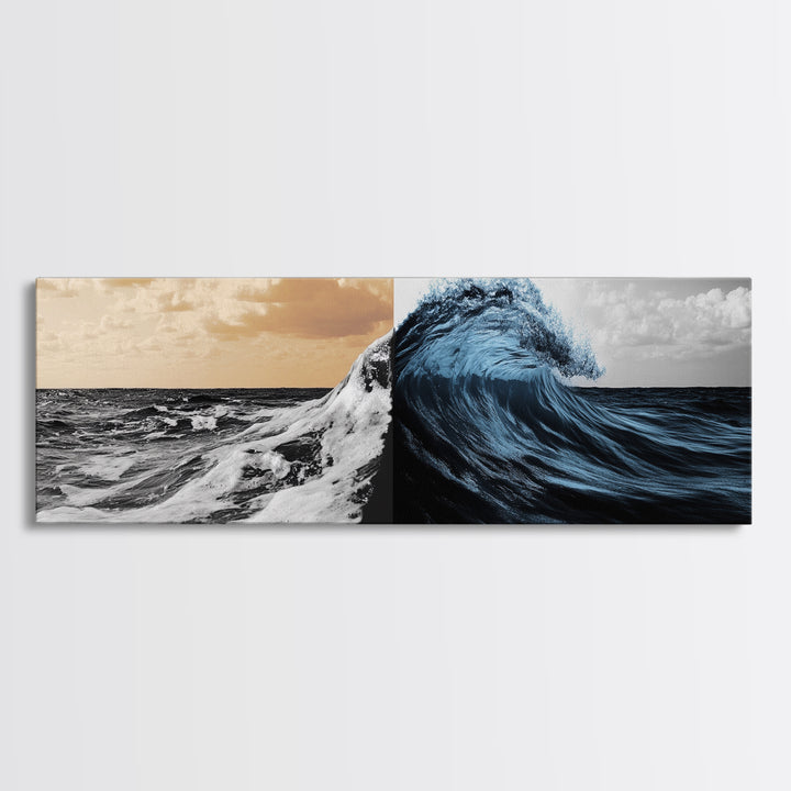 Ocean Wave Split, Sunrise Sea, Blue Tidal Wave, Framed Canvas Print, Nautical Wall Art, Coastal Decor, Bathroom Seascape