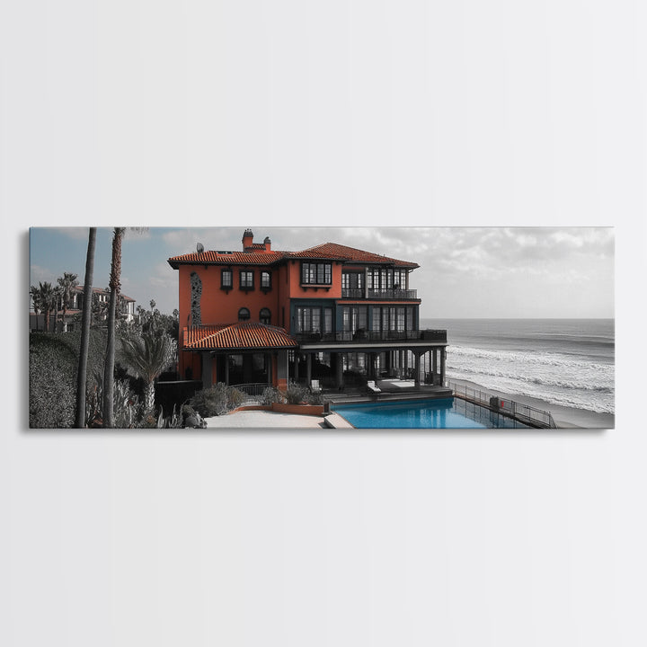 Coastal Villa, Ocean View, Infinity Pool, Sunset Escape, Framed Canvas Print, Beach House Decor, Mediterranean Art, Living Room Wall Art