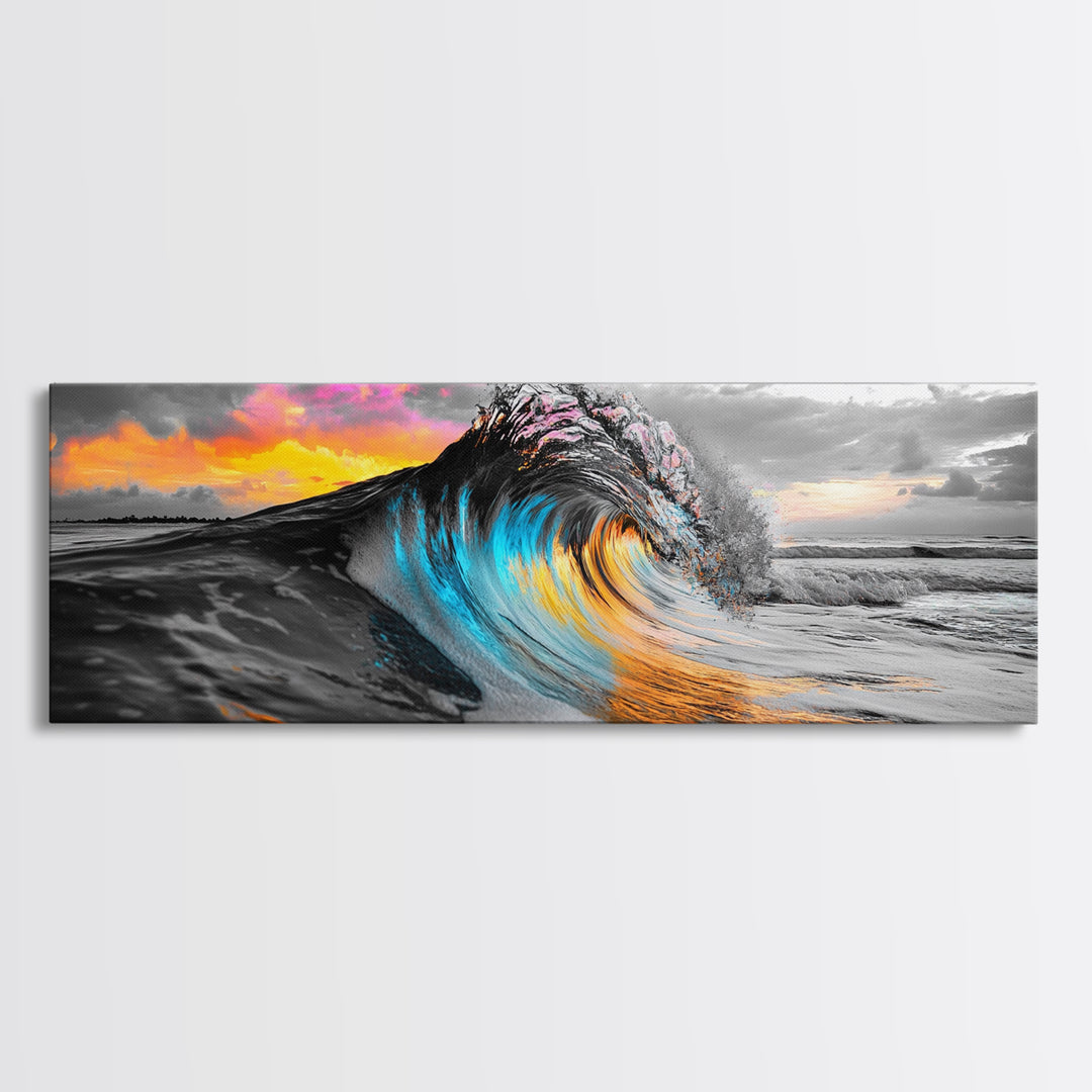 Wave Photography, Color Splash, Sunset Sea, Surf Art, Framed Canvas Print, Beach House Decor, Coastal Vibes, Modern Ocean Wall Art