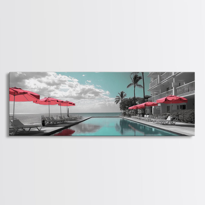 Poolside Escape, Beach Umbrellas, Luxury Retreat, Modern Resort, Framed Canvas Print, Vacation Vibes, Coastal Living, Bedroom Wall Art