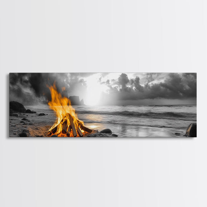 Beach Bonfire Glow, Autumn Coastal Scene, Campfire Photography, Canvas Print, Rustic Living Room or Cabin Wall Art, Fall Decor