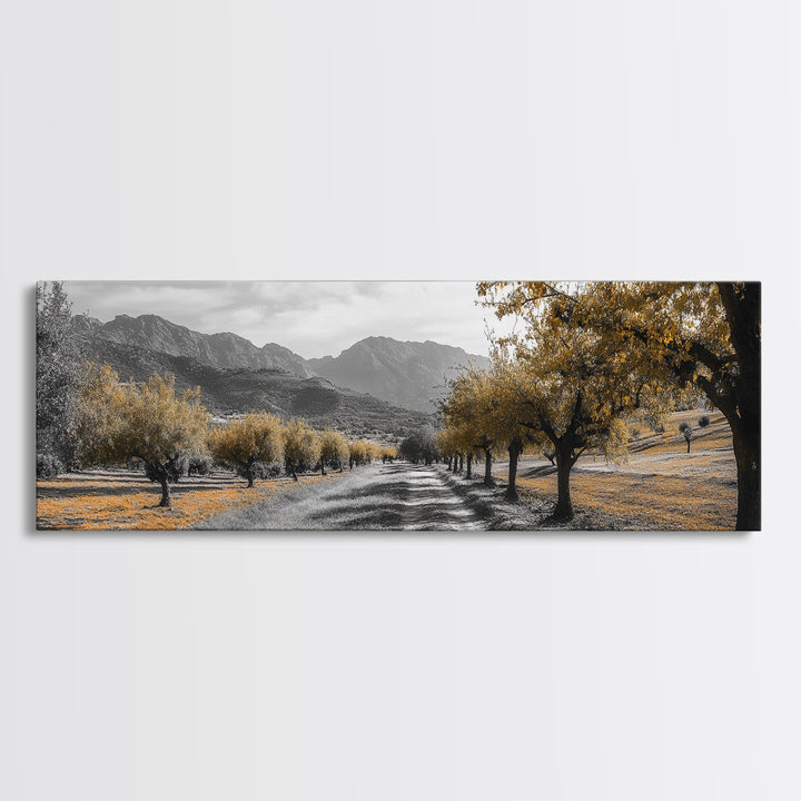 Autumn Orchard, Tree Tunnel, Mountain Path, Golden Fields, Framed Canvas Print, Fall Landscape Art, Rustic Farmhouse Decor, Dining Room Wall Art
