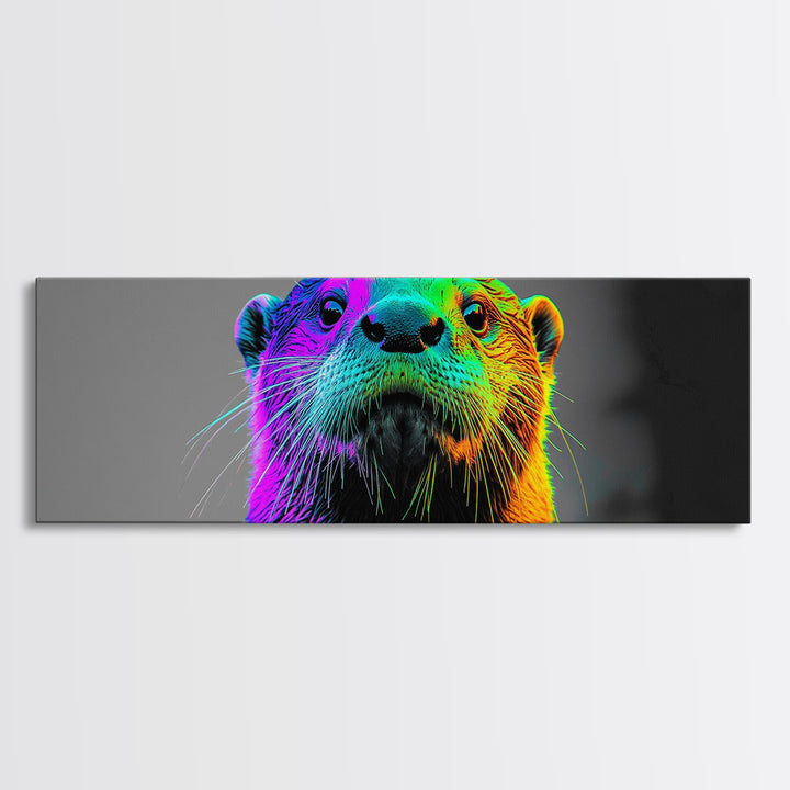 Neon Otter, Rainbow Wildlife, Pop Art Animal, Colorful Creature, Framed Canvas Print, Modern Animal Art, Teen Room Decor, Eclectic Wall Art