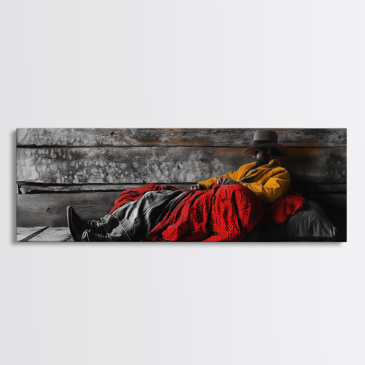 Cowboy Resting, Rustic Cabin Scene, Western Americana, Framed Canvas Print, Fall Wall Art, Bedroom or Study Western Style Decor