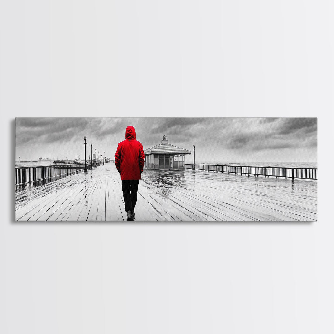 Red Jacket Walk, Rainy Boardwalk Scene, Urban Solitude, Moody Landscape Photography, Canvas Print, Entryway Wall Art, Minimalist Decor