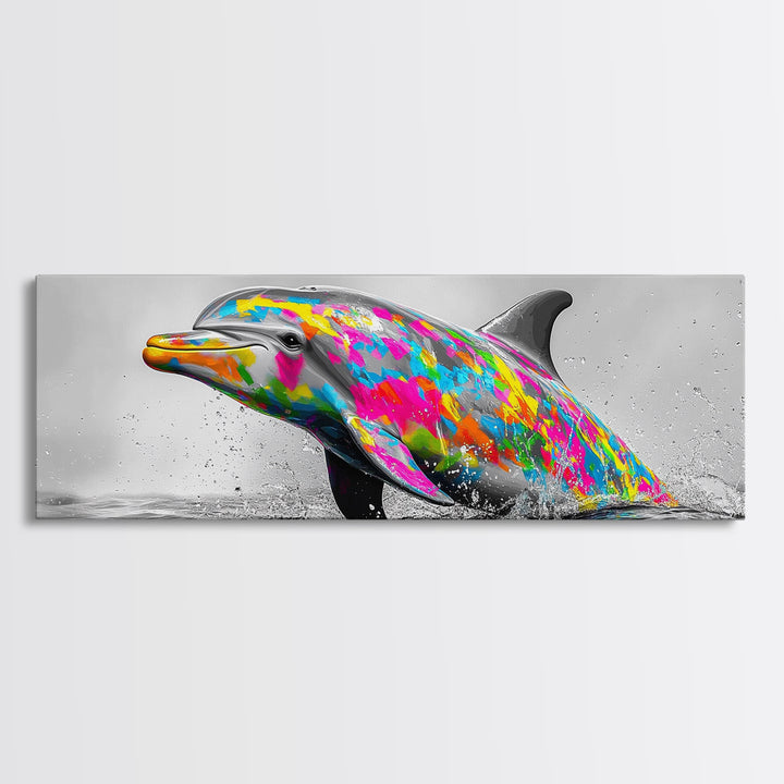 Rainbow Dolphin Splash, Colorful Ocean Animal, Vibrant Wildlife Art, Canvas Print, Coastal Kids Room Wall Art, Playroom Nautical Decor