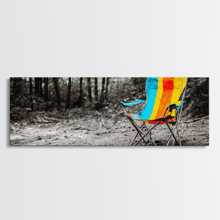 Camping Chair, Forest Trail, Boho Vibes, Outdoor Escape, Framed Canvas Print, Playful Wall Art, Kids Room Decor, Nature Adventure Style