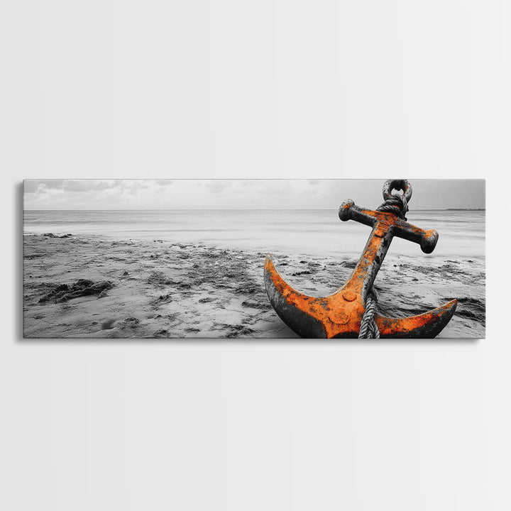 Rusted Anchor, Coastal Decay, Ocean Shore, Nautical Minimalism, Framed Canvas Print, Beach House Wall Art, Bathroom Wall Decor