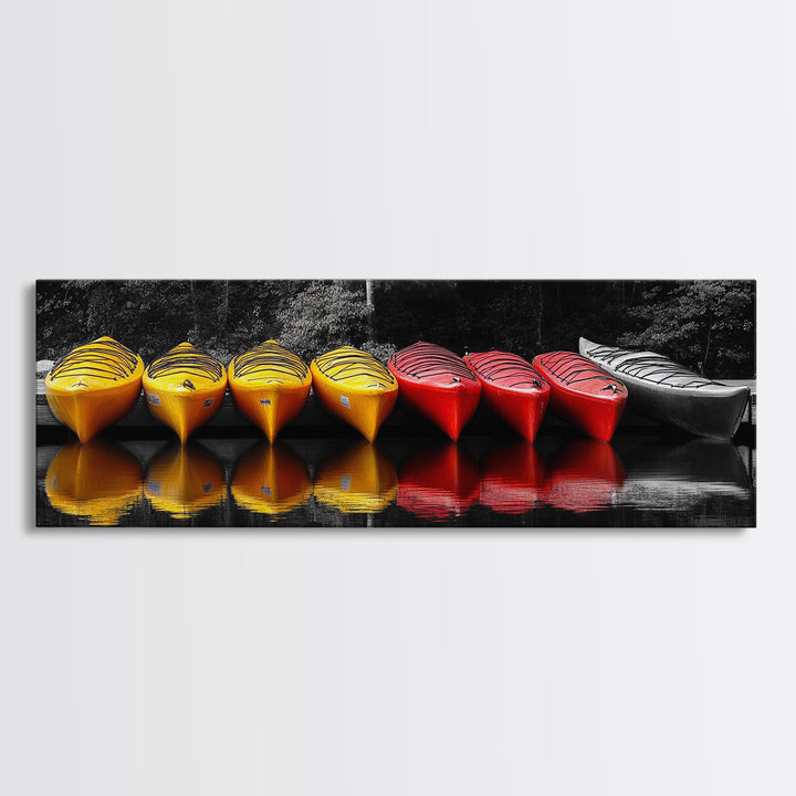 Canoes Docked, Reflection Scene, Kayak Art, Framed Canvas Print, Adventure Wall Art, Boho Water Sports, Cabin Living Room Decor