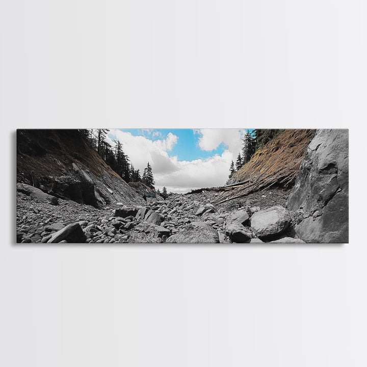 Rocky Trail, Blue Sky, Wilderness Path, Forest Adventure, Canvas Print, Rustic Nature Art, Hiking Wall Art, Cabin Living Room Decor