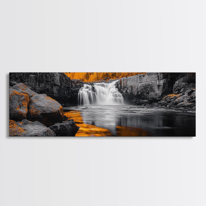 Autumn Waterfall, Fall Trees, Golden Reflections, Tranquil Scene, Framed Canvas Print, Nature Wall Art, Seasonal Decor, Cozy Living Room